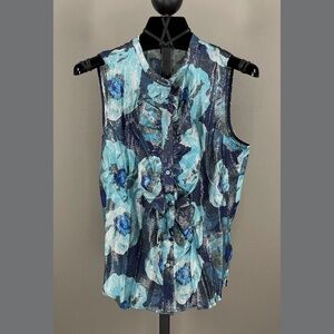 NEW J Crew Shirt Womens XS blue black silver floral ruffle button up blouse